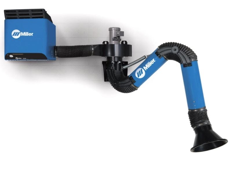 Miller wall mounted fume extraction system with blue housing and flexible articulated arm