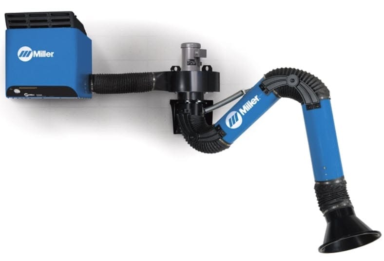 Miller wall mounted fume extraction system with articulated arm and blue filter unit