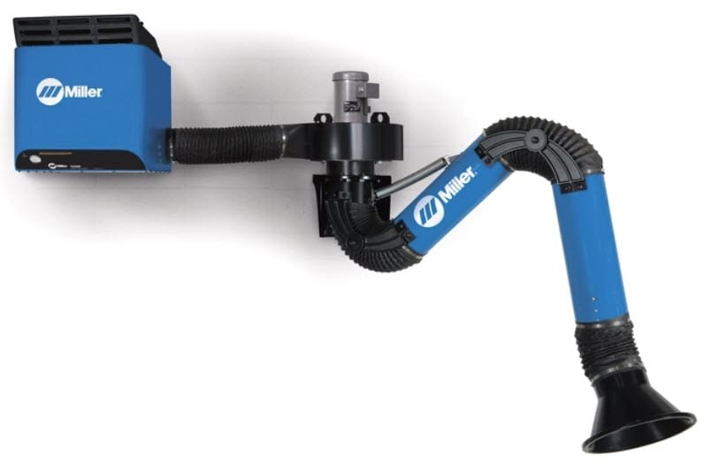Miller wall mounted fume extraction system with blue housing and flexible articulated arm