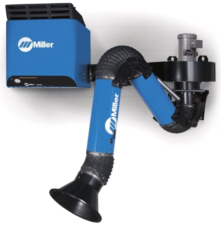 Miller wall mounted fume extraction system with blue housing and articulated arm