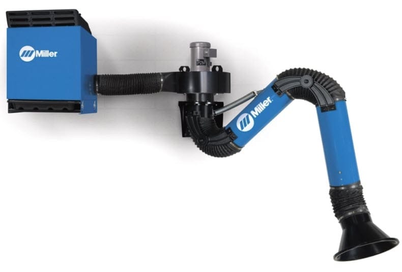 Miller wall mounted fume extraction system with articulated arm and blue housing