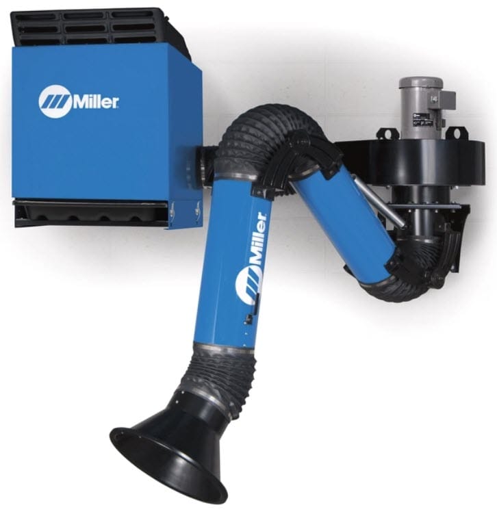 Miller wall mounted fume extraction system with articulated arm and blue housing