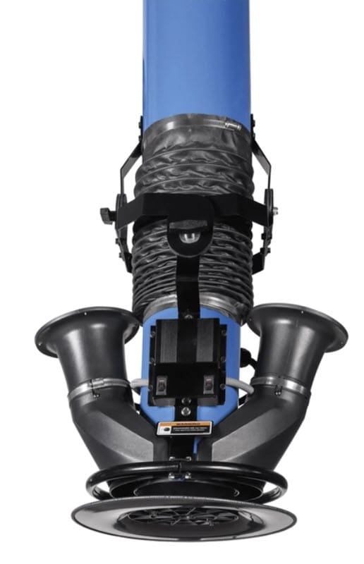 Blue industrial ventilation duct with dual intake nozzles and mounting bracket