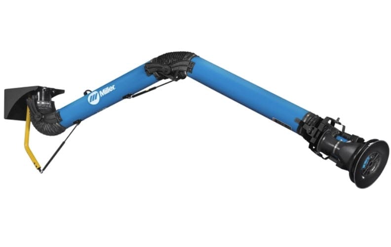 Blue Miller fume extraction arm with articulated joints and suction hood