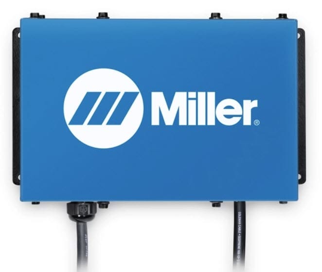 Blue Miller branded metal control box with two black power cables extending from the bottom