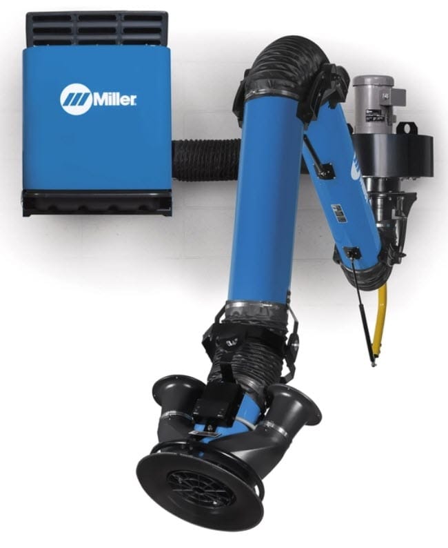 Miller wall mounted fume extraction arm with blue housing and flexible hose