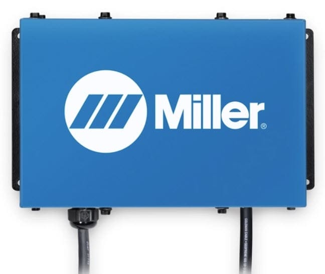 Blue Miller industrial control box with two black power cables