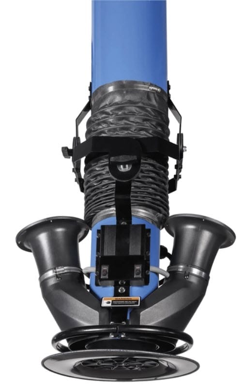Blue industrial dust extraction arm with dual intake nozzles and flexible hose