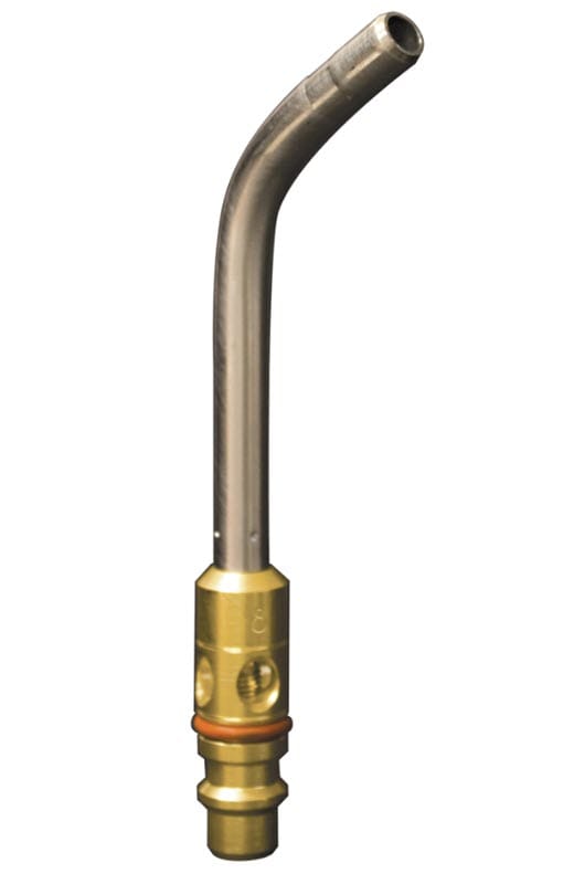 Bent metal welding torch nozzle with brass connector