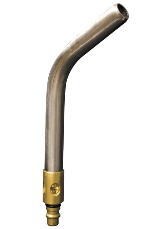 Bent metal welding torch nozzle with brass connector