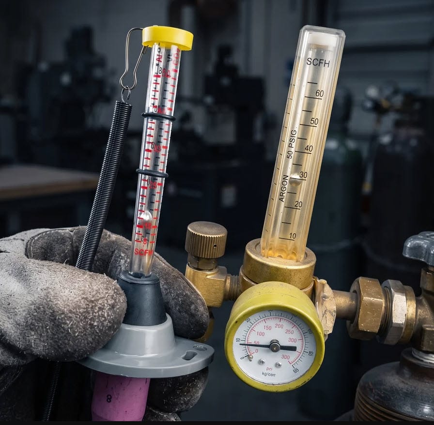 Strong Hand gas flow tester held next to an argon regulator and flowmeter