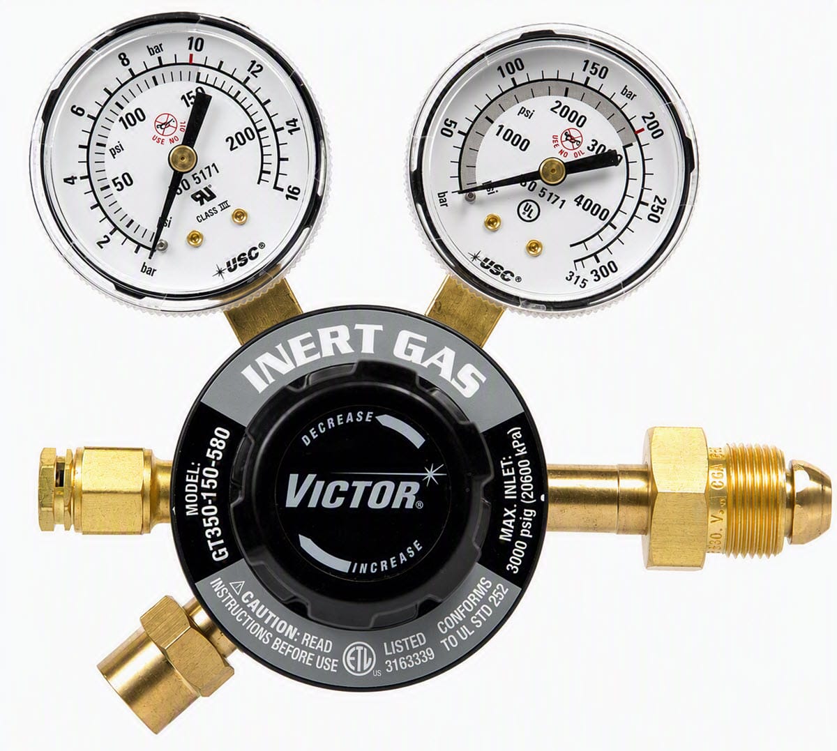 Victor Gas Apparatus 0-150 PSIG Victor GT350 Two-Stage Inert Gas Regulator (CGA 580)