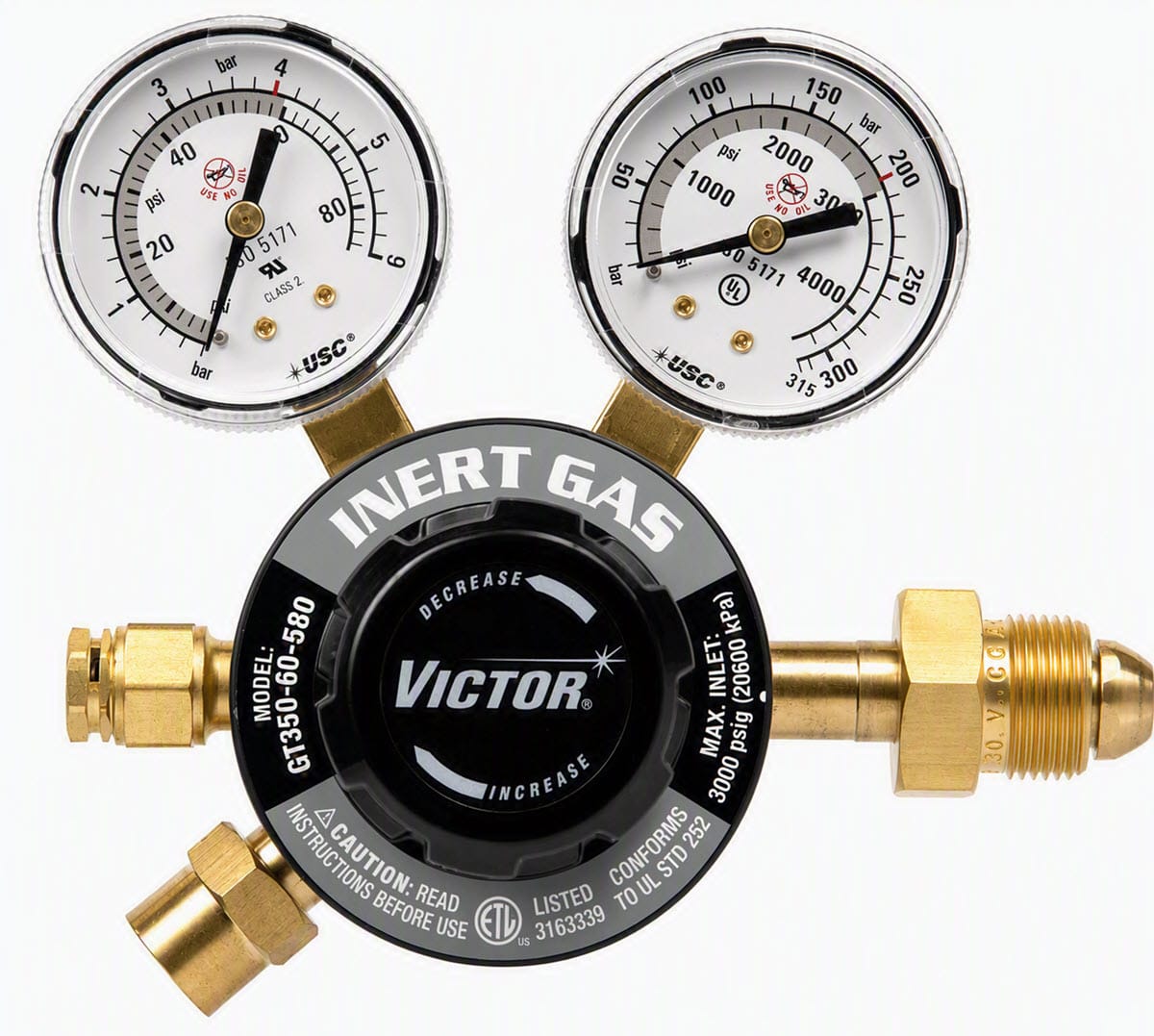 Victor Gas Apparatus 0-60 PSIG Victor GT350 Two-Stage Inert Gas Regulator (CGA 580)