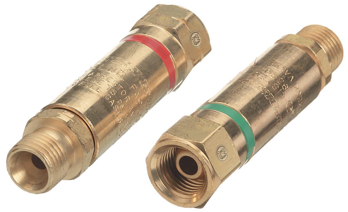 Two brass flashback arrestors with red and green color bands