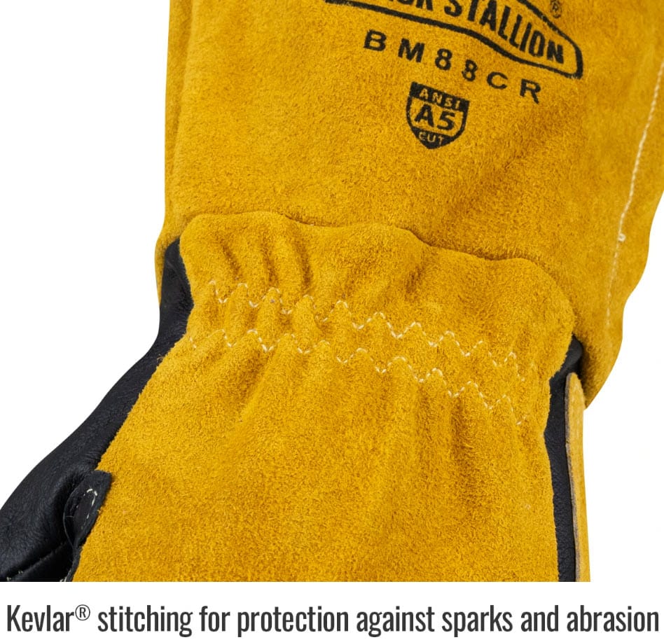 Black Stallion yellow leather welding glove with Kevlar stitching and ANSI A5 cut rating