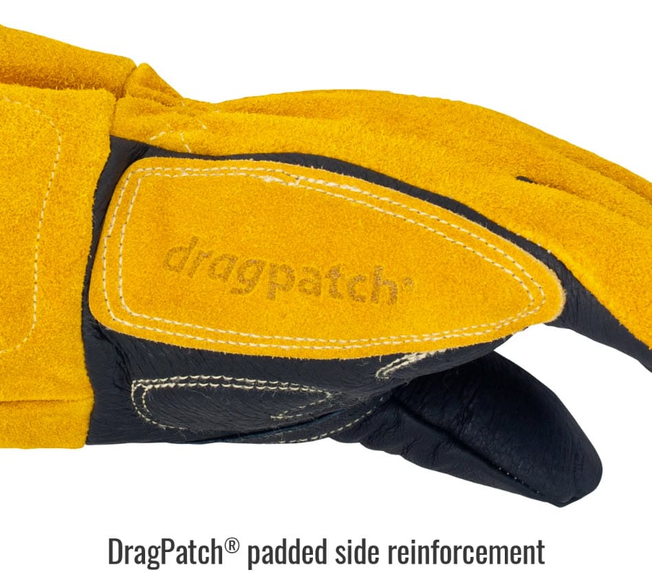 Black Stallion welding glove featuring a yellow leather DragPatch side reinforcement