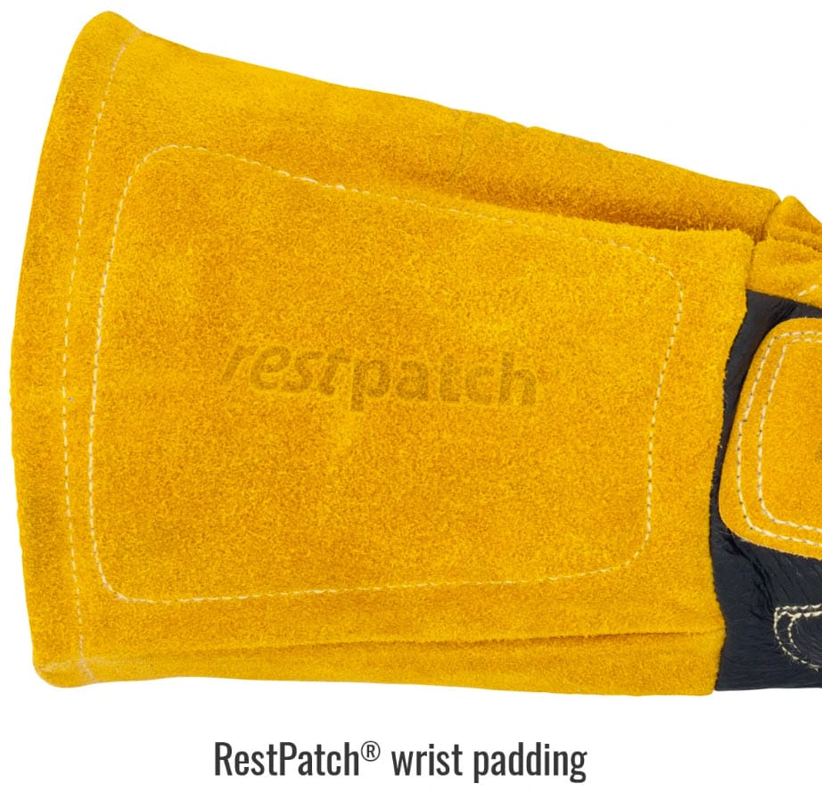 Black Stallion welding glove featuring a yellow leather RestPatch wrist padding