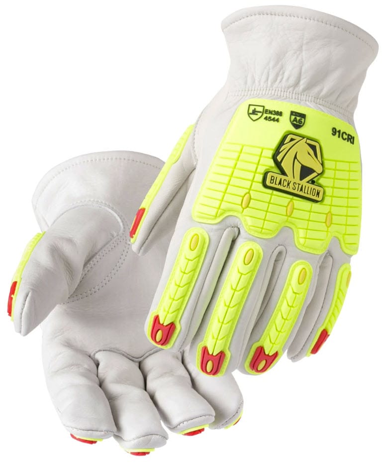 Black Stallion 91CRI leather work gloves with high visibility yellow impact protection