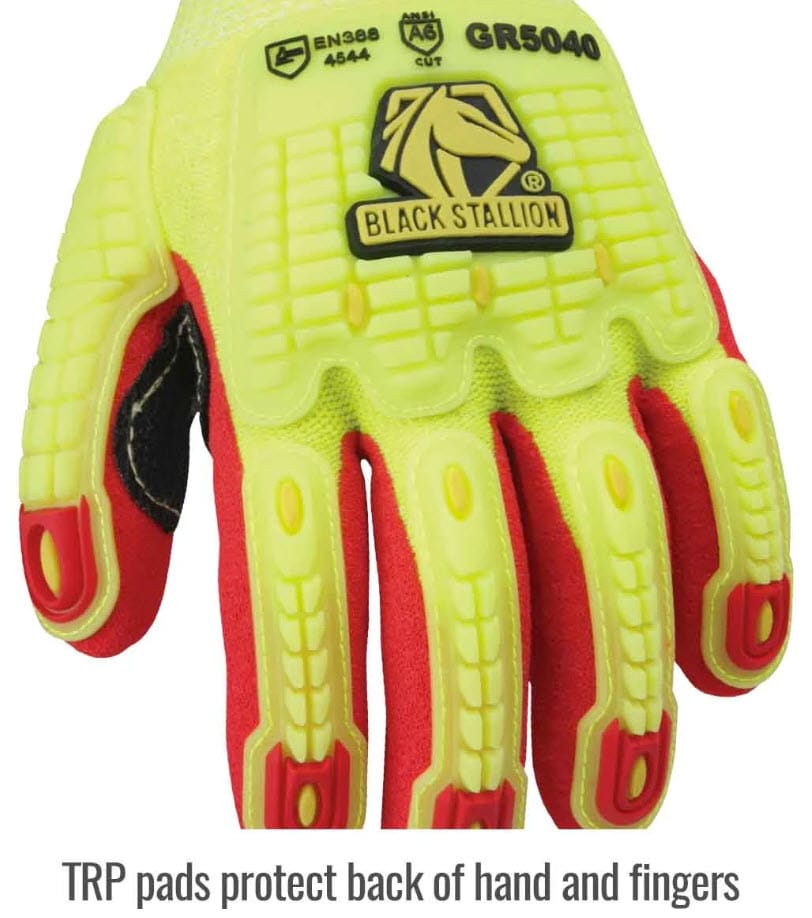 Black Stallion GR5040 impact resistant work glove with yellow TPR padding on red fabric