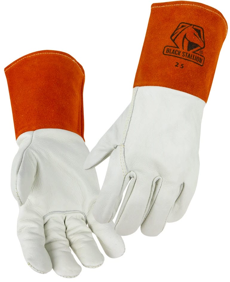 Black Stallion white leather welding gloves with orange gauntlet cuffs