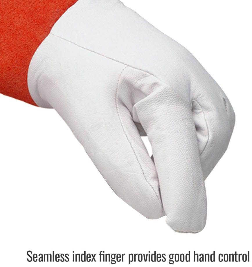 Black Stallion welding glove showing seamless white leather index finger