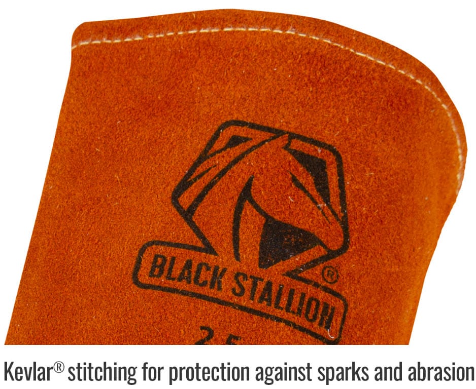 Black Stallion logo on orange leather with Kevlar stitching