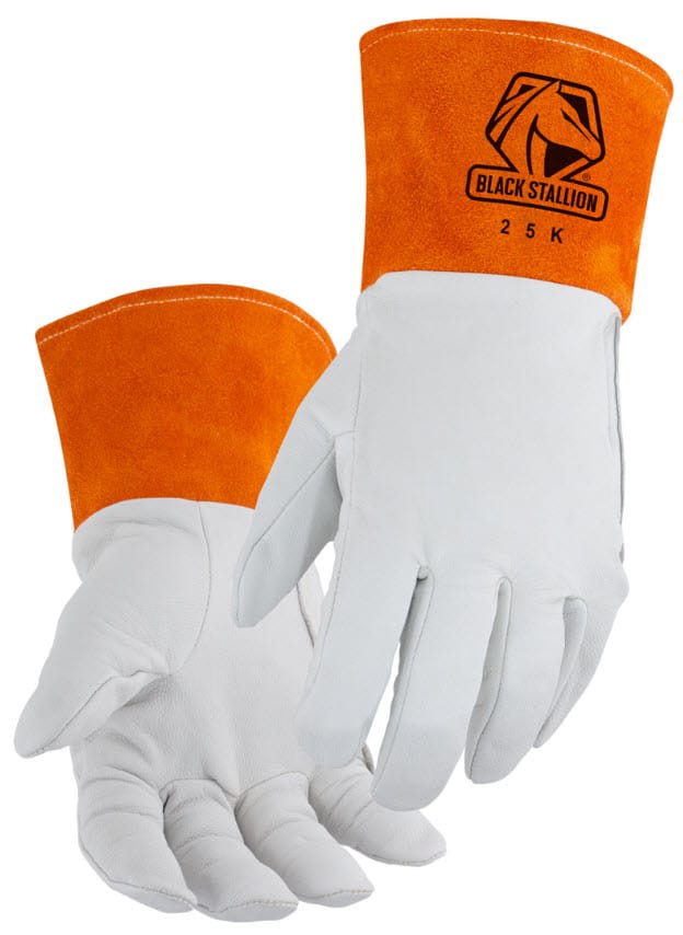 Black Stallion 25K white leather welding gloves with orange gauntlet cuffs