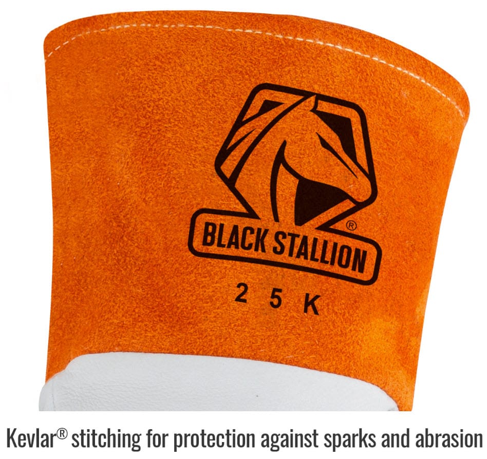 Black Stallion 25K orange leather welding glove cuff with Kevlar stitching