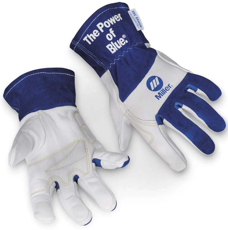 Pair of blue and white leather Miller welding gloves