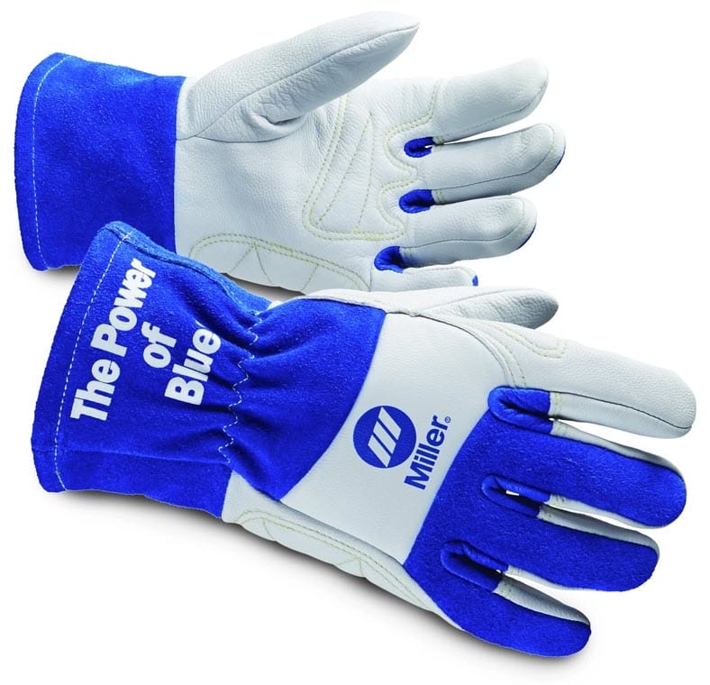 Pair of blue and white Miller welding gloves with The Power of Blue text