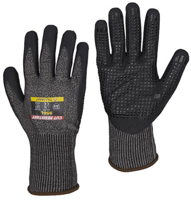 Tillman 956L cut resistant gloves with black dotted grip palms and grey knit cuffs