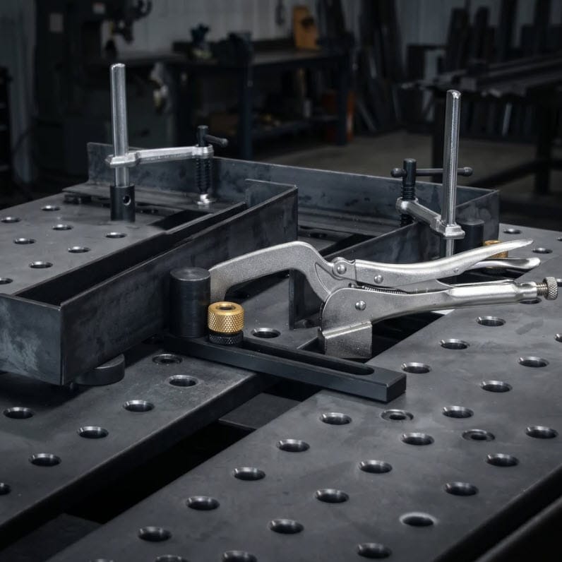 BuildPro welding table with metal clamps and locking pliers securing steel components
