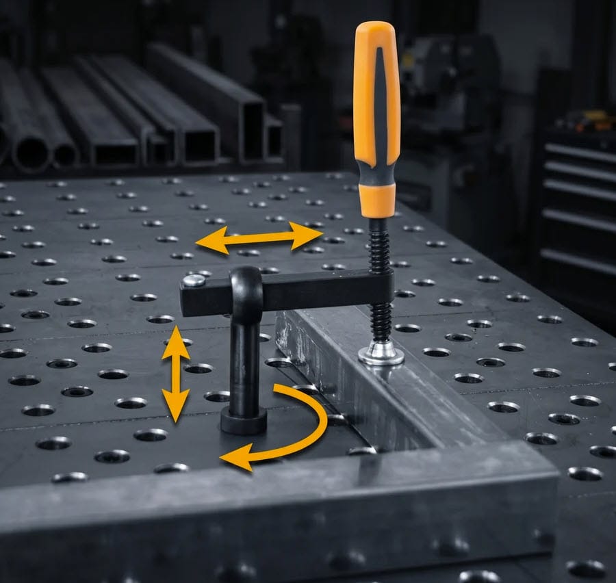 BuildPro welding table clamp with adjustable movement arrows