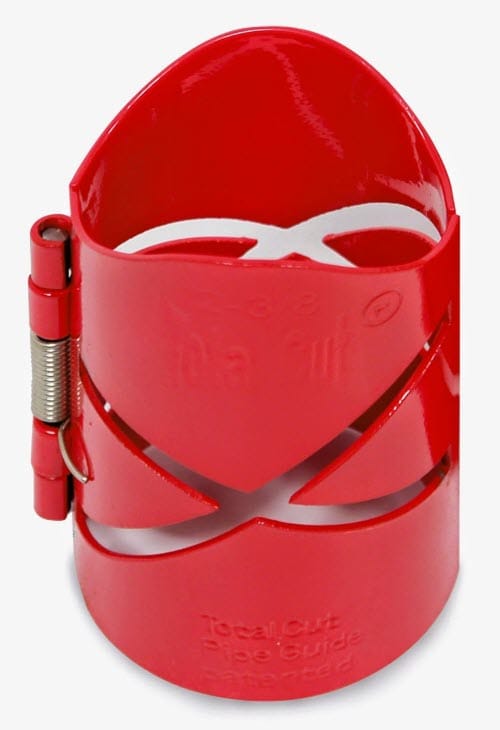Red metal pipe cutting guide with a spring hinge