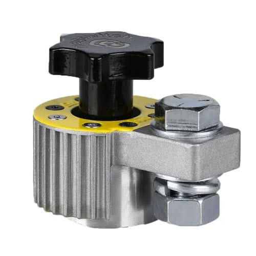 Magswitch magnetic ground clamp with black adjustment knob and silver metal body