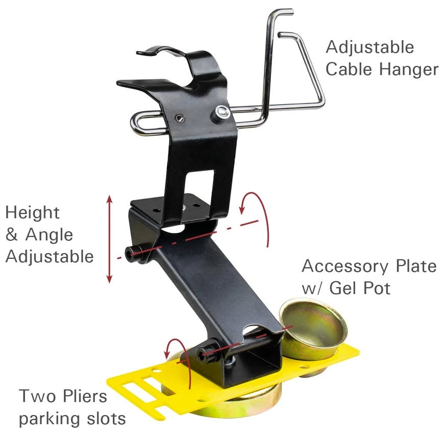 Strong Hand adjustable MIG torch stand with cable hanger, accessory plate, gel pot, and pliers slots