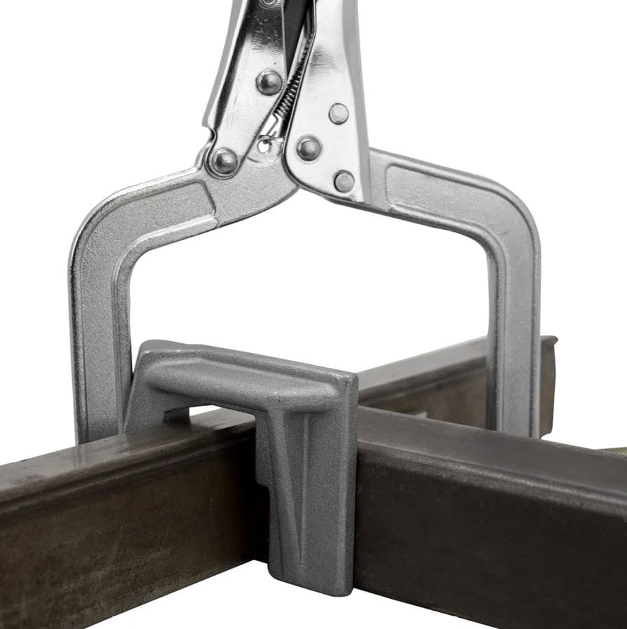 Strong Hand locking C-clamp securing two metal square tubes at a right angle