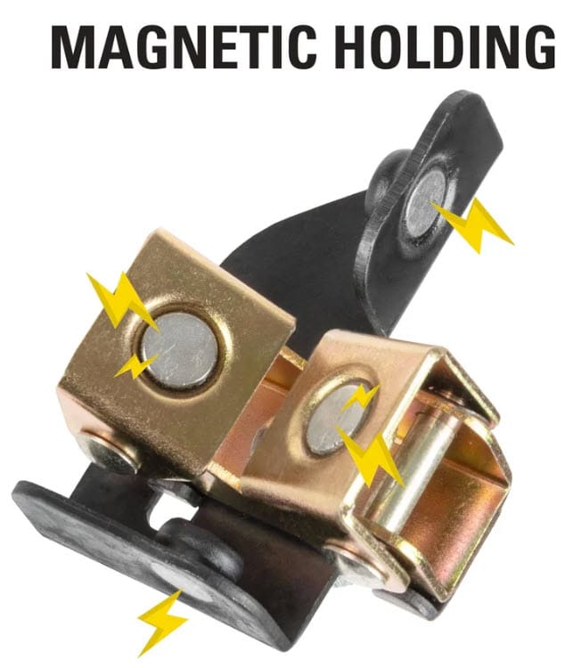 Strong Hand magnetic holding tool with yellow lightning bolt graphics indicating magnetic contact points