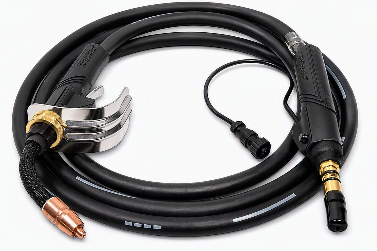 Black plasma cutting torch with copper nozzle and coiled cable