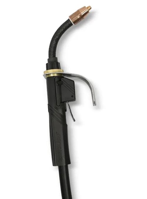Black MIG welding torch with copper nozzle and trigger