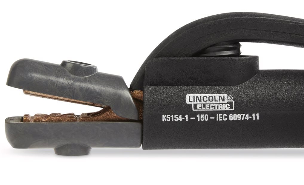 Lincoln Electric electrode holder with black handle and copper jaws