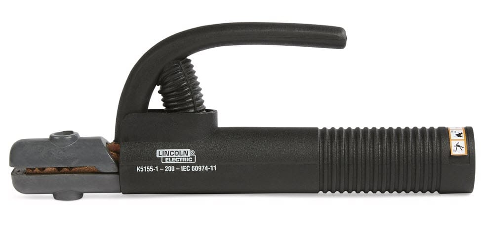 Lincoln Electric electrode holder with black insulated handle and spring loaded jaw