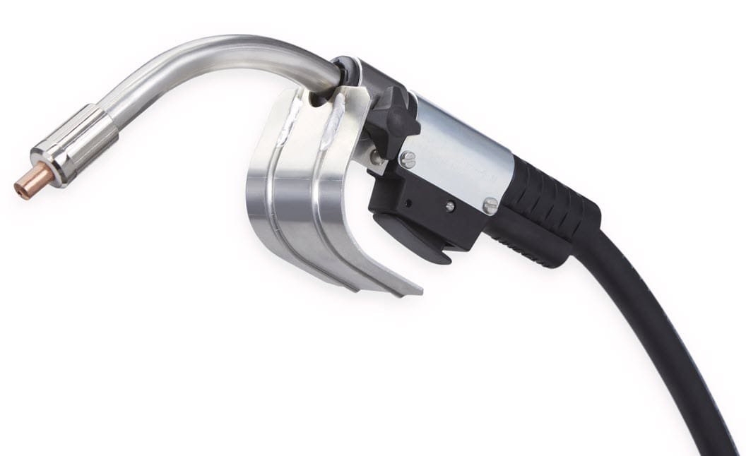 MIG welding torch with metal heat shield and black handle