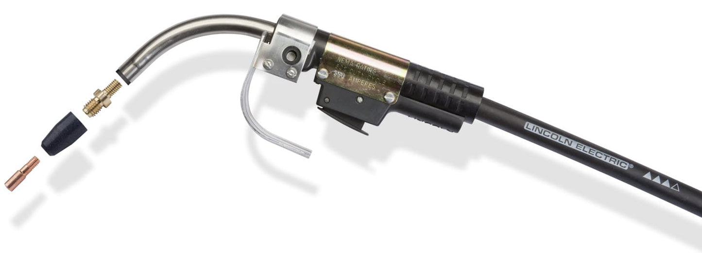 Lincoln Electric welding gun with disassembled nozzle and contact tip components