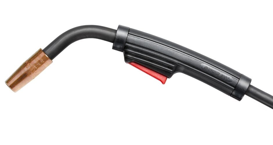 Black MIG welding gun with copper nozzle and red trigger