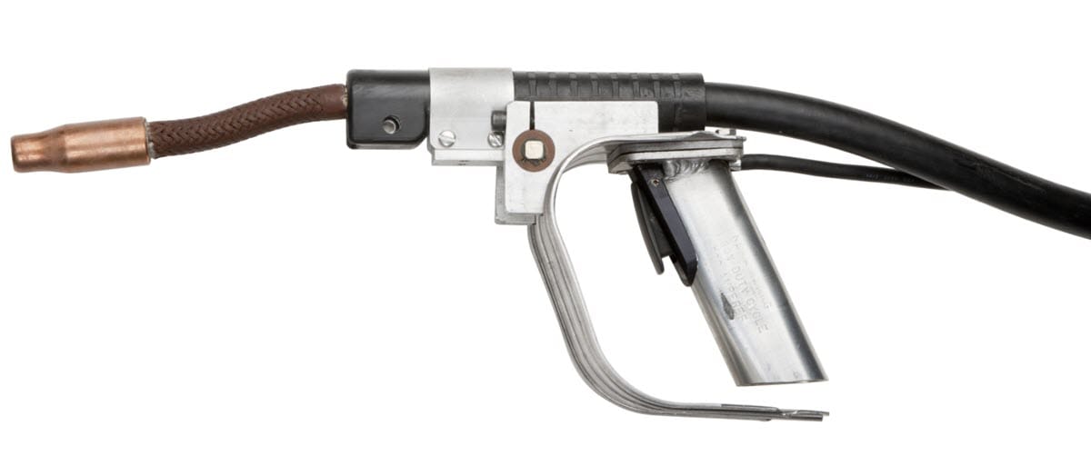 MIG welding gun with a copper nozzle and black cable