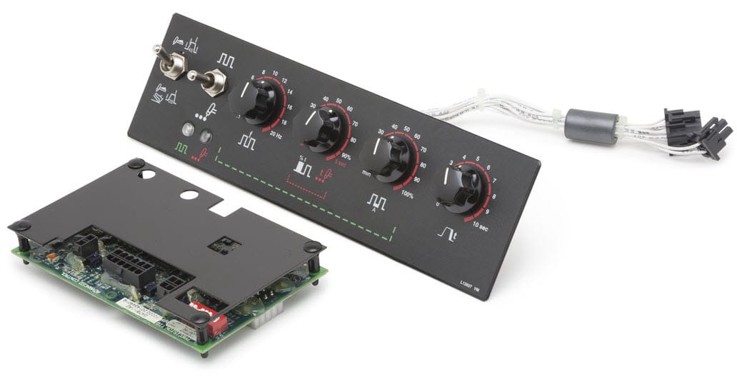 Control panel with four rotary knobs and two toggle switches connected to a circuit board