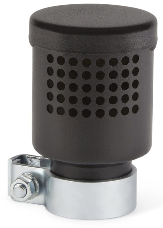 Black cylindrical air filter with a metal mounting clamp