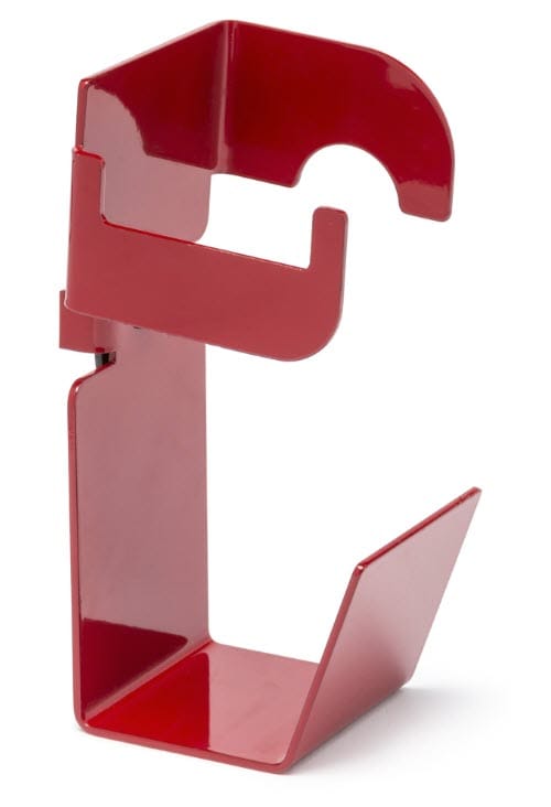 Red metal wall mounted fire extinguisher bracket