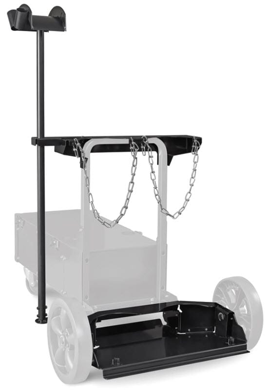 Black metal welding cart accessory attachment with chains and upright pole